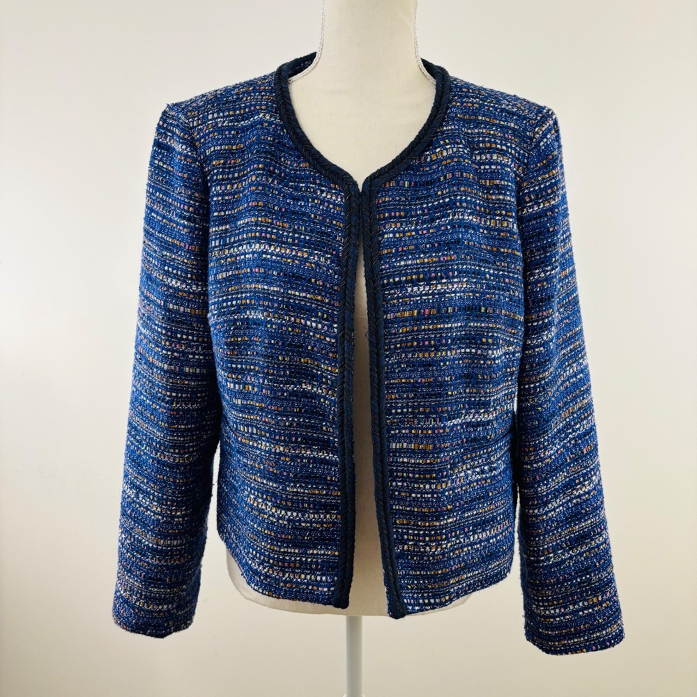 J.Crew Women Blue Multi Tweed Braided Trim Open Front Office Jacket Blazer Large